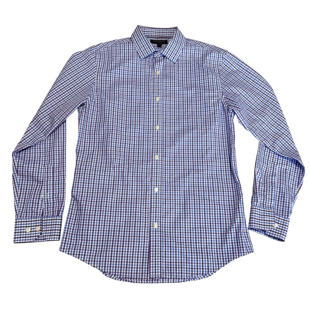 Banana Republic Mens Tailored Slim Fit NonIron Gingham Dress Shirt Blue Purple M
